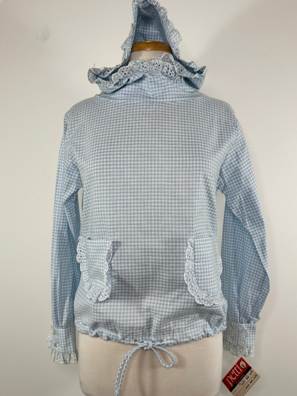 Vintage 1950s Petti Blue Plaid 100% Cotton Long Sleeve Hooded Top Blouse Size 9